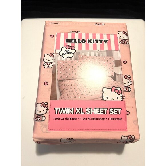 NWT SANRIO HELLO KITTY Twin X-Long Sheet Set w/ Pink Bows & Hearts 100% Cotton - Picture 3 of 9